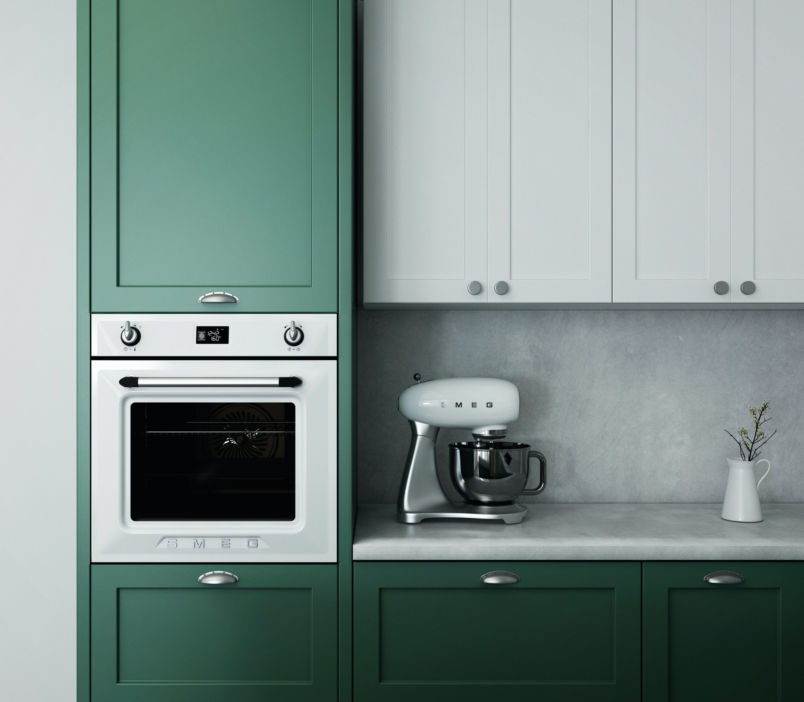 Green Kitchen with Wall Mount Oven